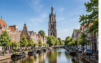 Delft, Netherlands — Historic market square and canals
